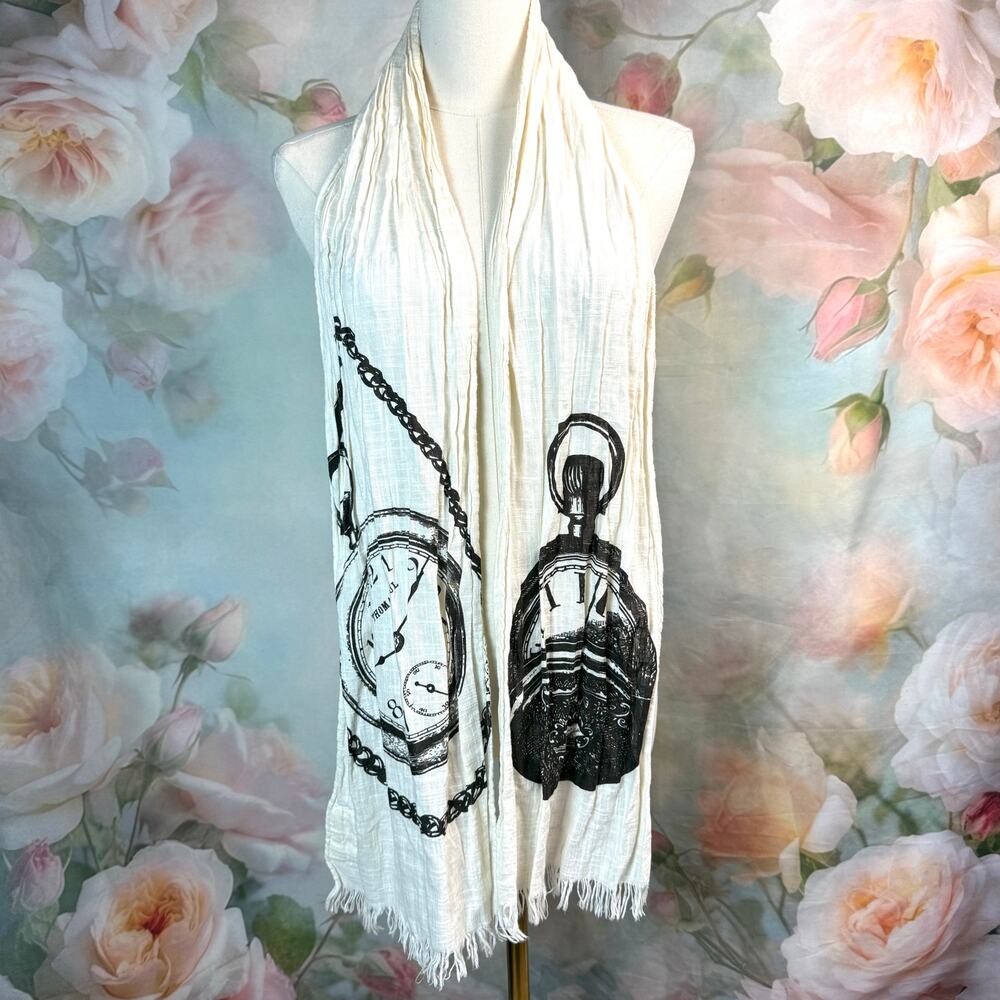 Thomas Paul Off White Pocket Watch Cotton Hand Screened Fringed End Scarf